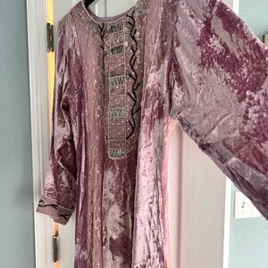 Velvet Long Sleeve Dress in Pink and Silver ( velvet and dentelle)